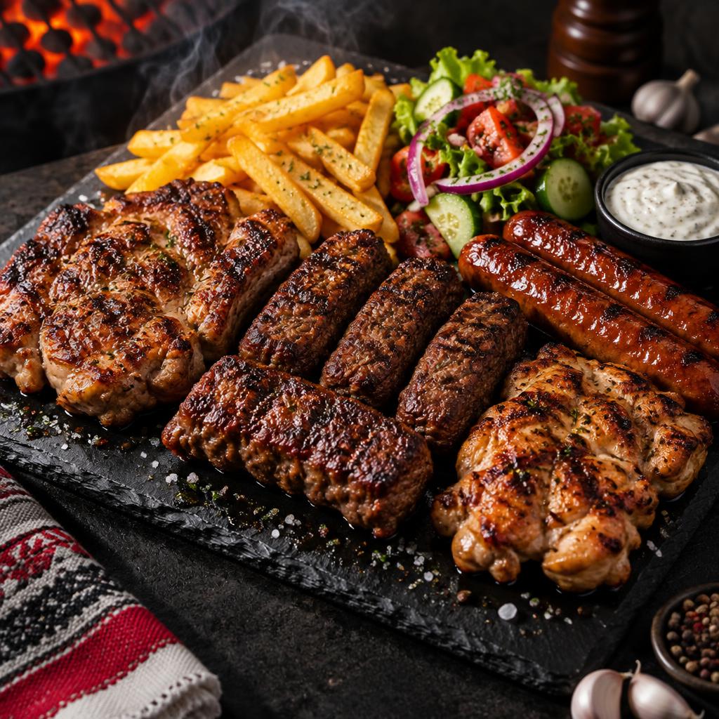 Platou grill MR RED — ceafă de porc, mici, pulpă dezosată și cârnați cu cartofi